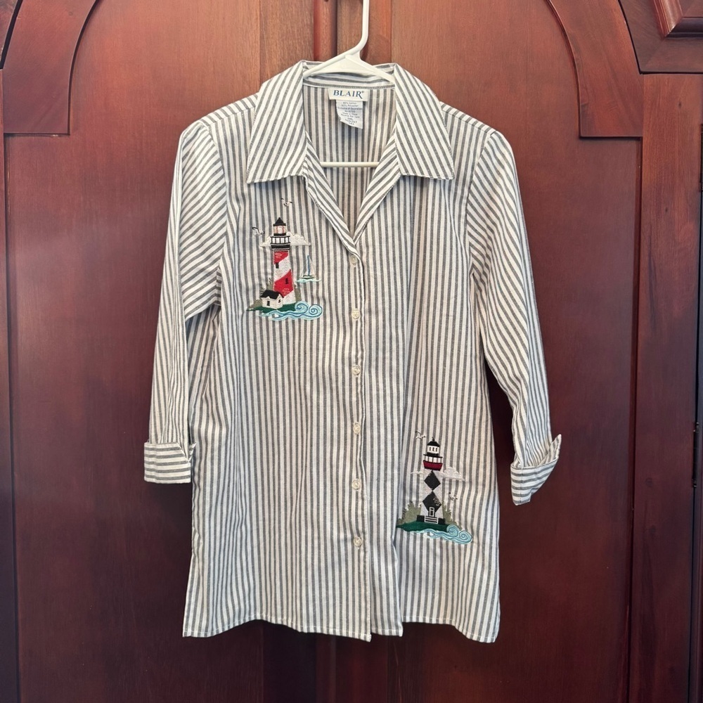 Vintage Blair Gray/White Striped Shirt with Lighthouse Embroidery Size SML